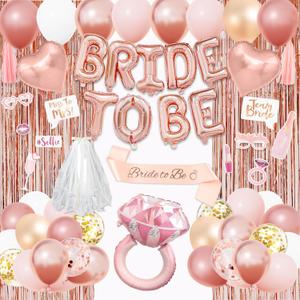 Amandir Bachelorette Party Decorations Supplies, Rose Gold Bridal Shower Decorations Bride Foil Ring To Be Sash Veil, Pink White Gold Heart Balloons Photo Booth Props Fringe Curtains Paper Tassel