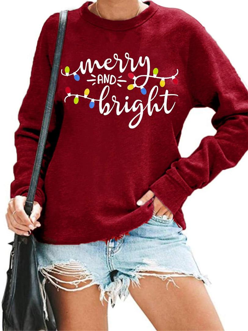 Christmas Sweatshirt Women Merry and Bright Christmas T-Shirt Funny Xmas Lights Blouse Tops Holiday Shirts (Large, Wine Red)