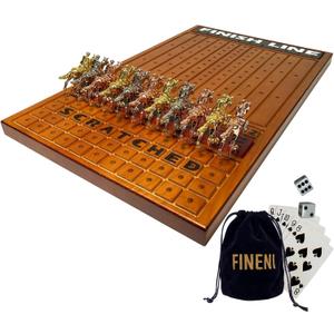 Horse Racing Game for Adults - 11 Luxurious Metal Horses (Silver, Black, Rose Gold), 16" Dark Pine Wood Race Board, Dice & Card Included (Dark Color)