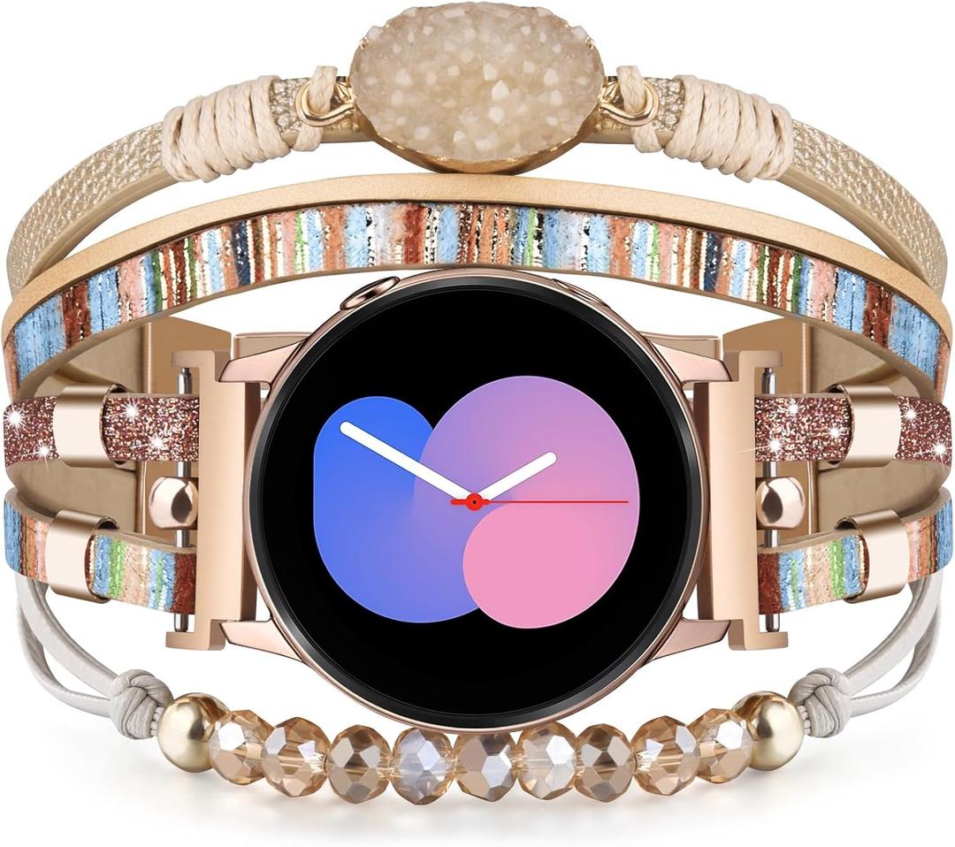 VISOOM Beaded Boho Bracelet for Samsung Galaxy Watch 5/6/4/3/Active2/Watch 6/4 Classic Bands Women, 20mm Leather Fashion Watch Bands for Watch 5 Pro Cute Multilayer Wrap Samsung Galaxy Watch Bands (5.5"-7.5", Colorful)