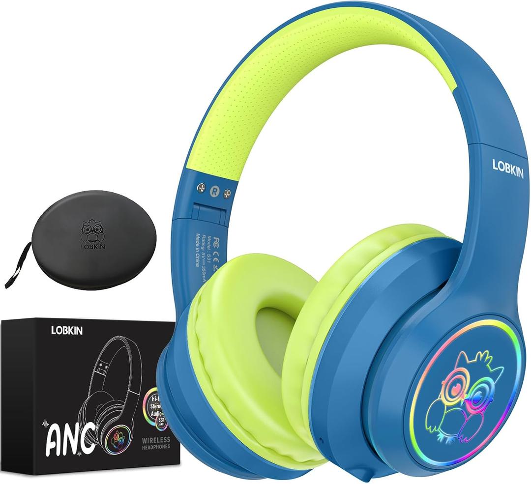 LOBKIN Active Noise Cancelling Headphones for Kids with Case - RGB LED Light Up Foldable Adjustable Over Ear Headphone Support Wireless or 3.5mm Wired Mode for Toddler & Girls & Boys Teens