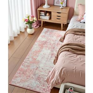 Pink Washable Runner Rug for Bedroom, Abstract Non-Slip Soft Entryway Rugs, Modern Low Pile Stain Resistant 2x6 Carpet for Entryway, Kitchen, Hallway, Bedside