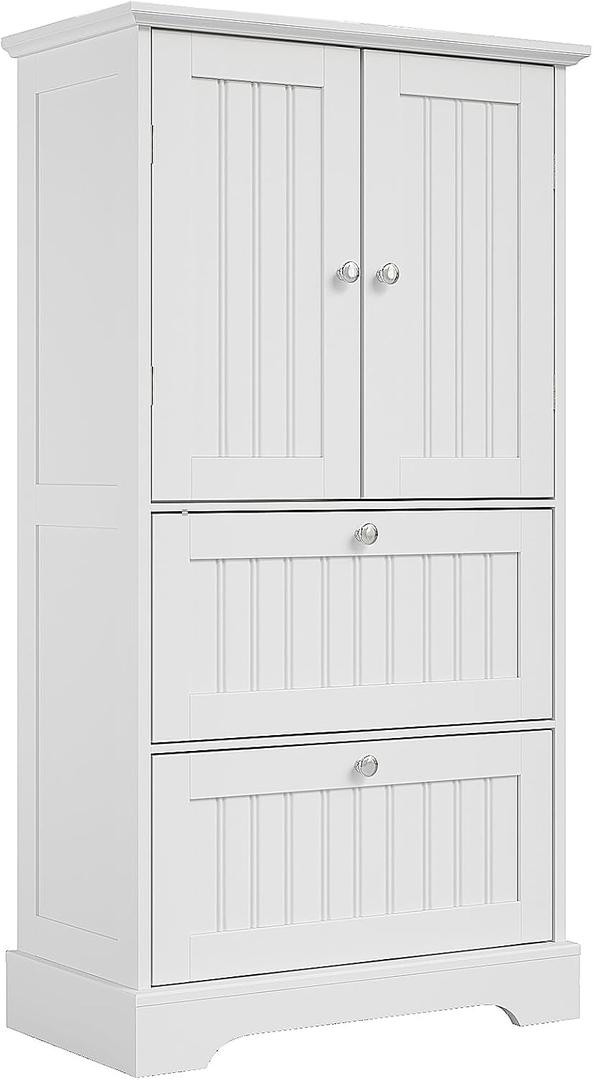 Treocho Bathroom Floor Cabinet, Bathroom Storage Cabinet with Drawers and Adjustable Shelf, Freestanding Cupboard Pantry for Kitchen, Living Room, Dining Room, White