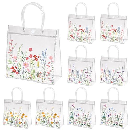 H1vojoxo Spring Wildflower Gift Bags - 24PCS Spring Wildflower Clear PVC Gift Bags with Handle Bulk Reusable Goodie Snack Treat Plastic Gift Wrap Tote Bag for Floral Themed Baby Shower Party Favors