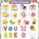 54Pcs Spring Cartoon Positive Cutouts Motivational Sayings Paper Cutting with 100Pcs Glue Points for Party Classroom Bulletin Board Craft Wall Decor