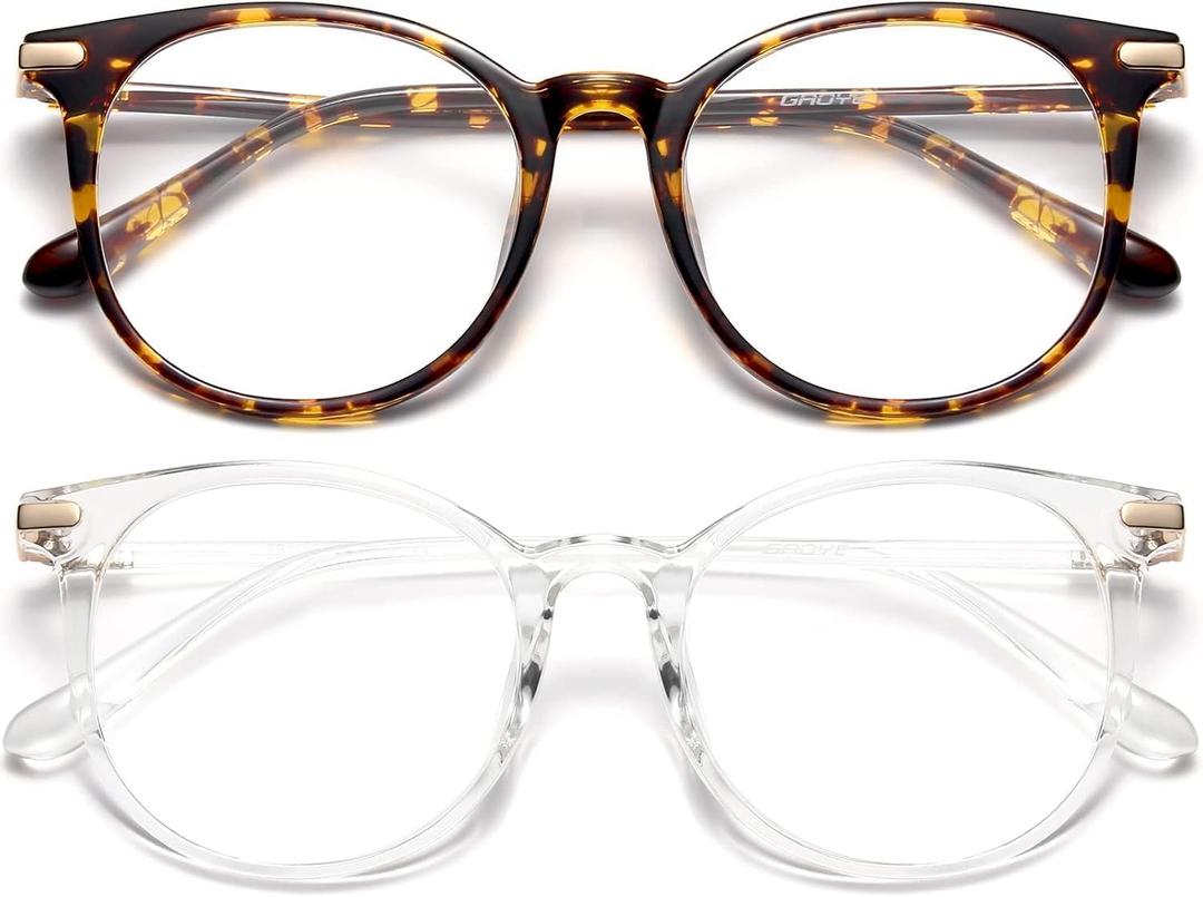 Gaoye 2 Pack Blue Light Blocking Glasses, Retro Round Eyewear Frame Anti Eyestrain Computer Glasses for Women Men - GY1688 (Tea Leopard+Transparent)