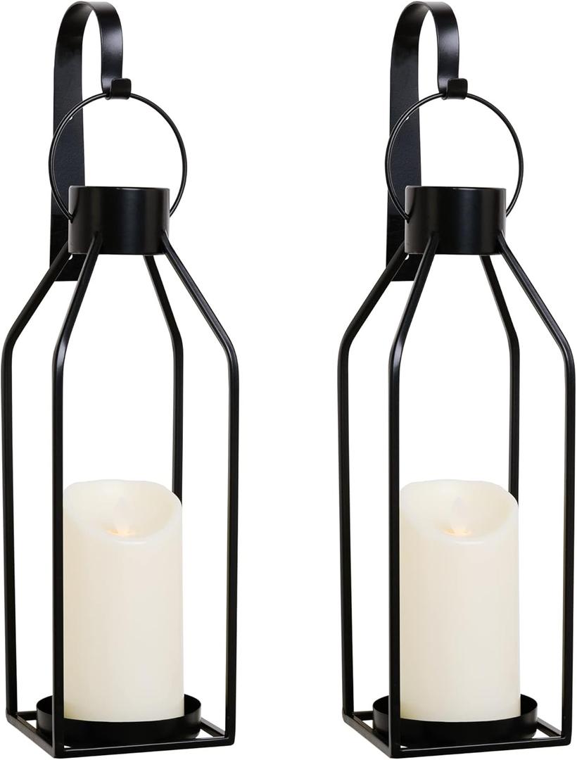 HPC Decor Black Metal Candle Sconces w/Flickering Timer Candles- Candle Wall Sconces Set of 2- Wall Sconce Candle Holder- Vintage Sconces Wall Decor Set of 2 for Home Decor, Living Room,Dining Room
