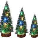 3Pcs Bottle Brush Trees Mini Christmas Trees Artificial Xmas Trees Sisal Snow Frost Diorama Tree with Wood Base for Home DIY Craft Decoration(with Light)