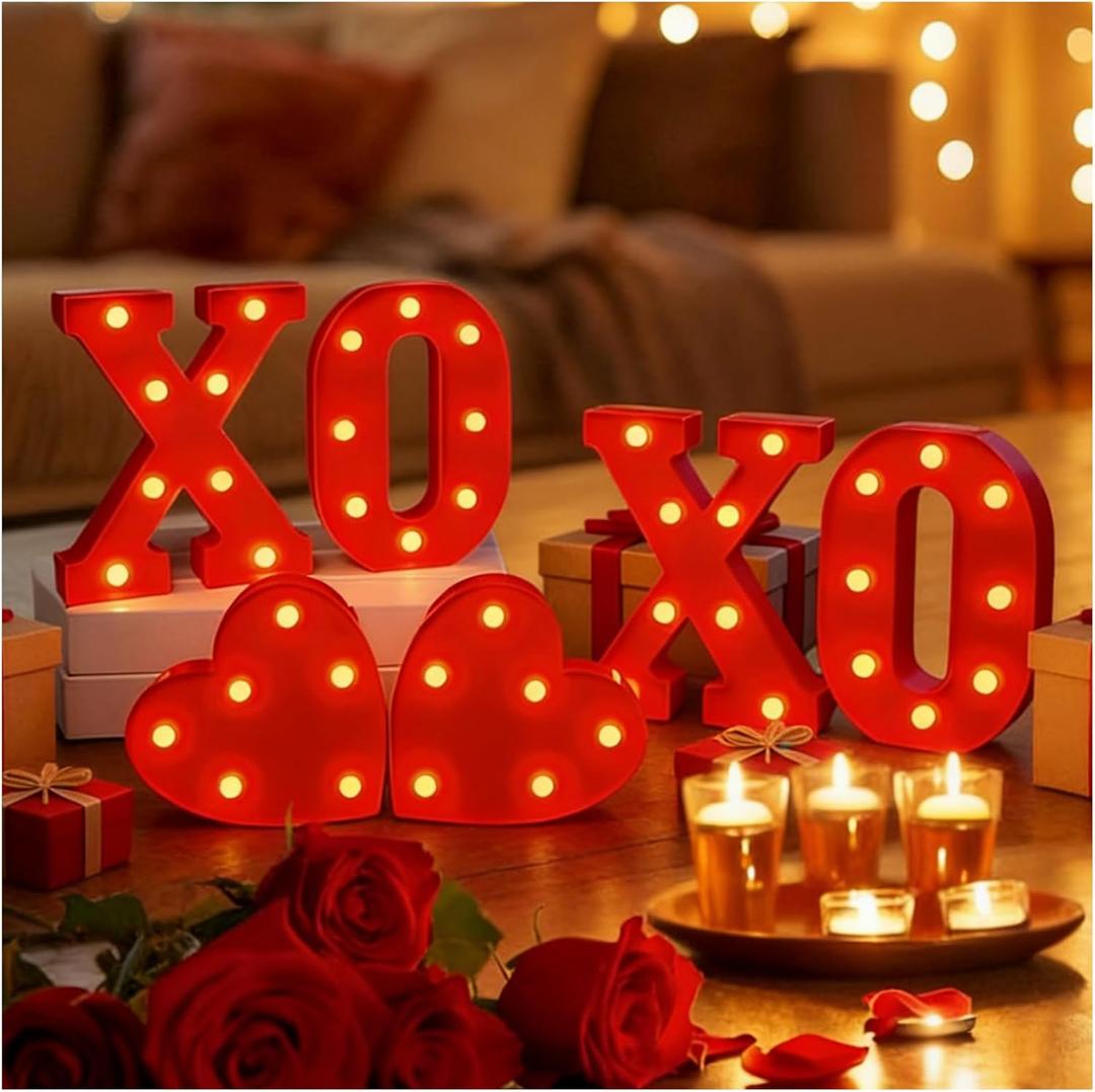 Valentines Day XOXO Letters Decoration - 6Pcs Red Marquee Letter Lights with Heart Sign, LED Light up XOXO Letters for Valentines Day Window Table Home Bedroom Fireplace Indoor Decor, Battery Powered, 8.6''