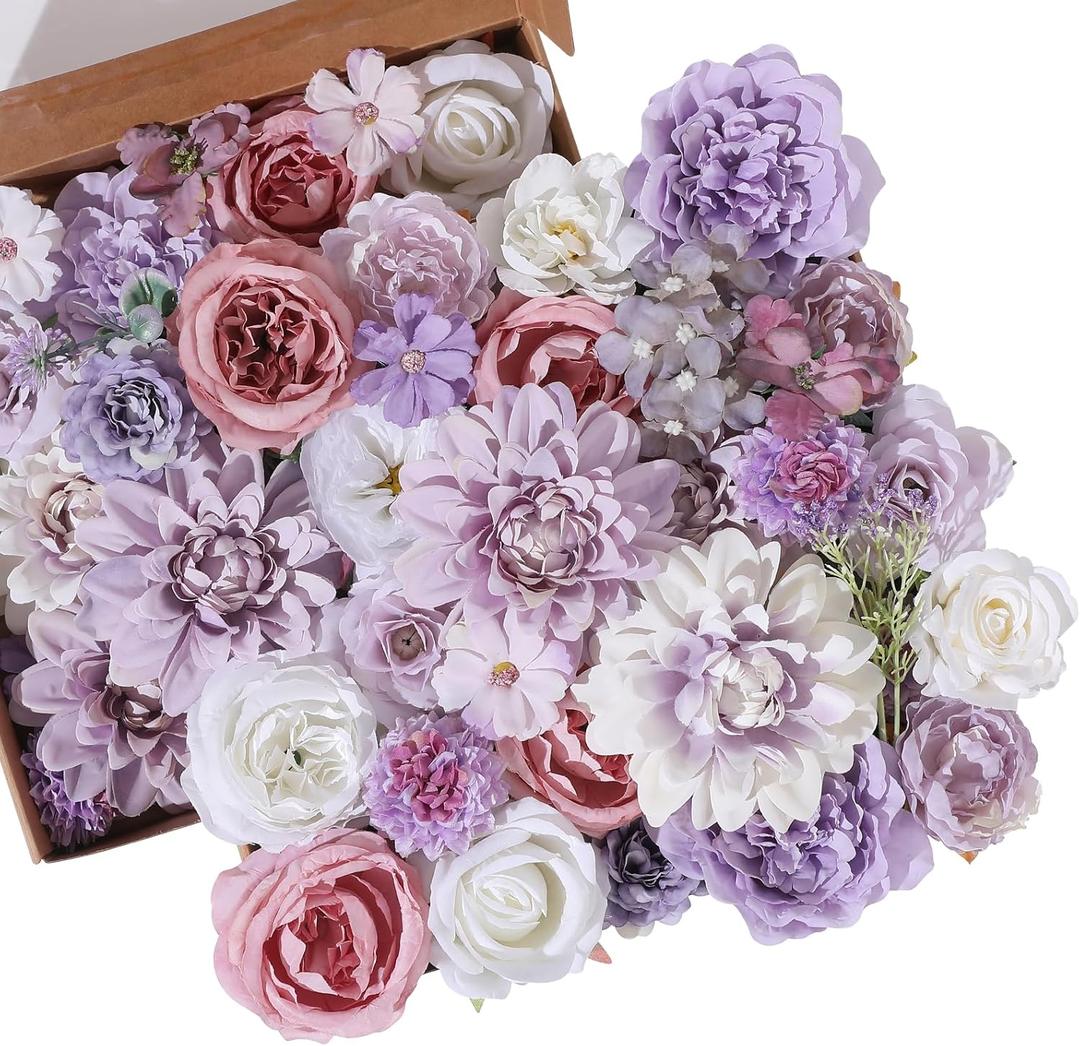 Floweroyal 2 Layers Artificial Flowers Combo Purple Flowers Mix Silk Flowers Dahlia Roses with Stems for Wedding Bridal Bouquets, Baby Shower, Floral Arrangement, Table Centerpieces (Full)