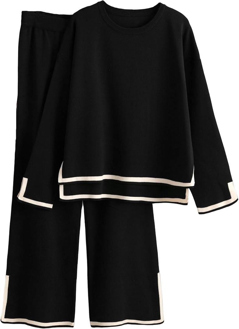 Tanming Women's 2 Piece Outfits Long Sleeve Knit Sweater Top Wide Leg Pants Lounge Sets Tracksuits (X-Large, Black)