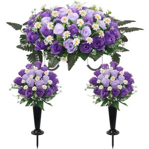 Wocst Headstone Flower Saddle,Large Artificial Cemetery Flowers for Grave 2Pack Artificial Silk Roses Daisy Bouquets with Cemetery Vases for Outdoor Grave Decorations (Purple)
