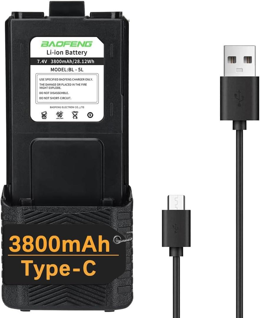 BAOFENG UV-5R Battery BL-5 3800mAh USB-C Charging Extended High Capacity Battery for UV5R BF-F8HP UV-5R Series Radios with Type-C Charging Cable