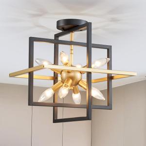 8-Light Farmhouse Black and Gold Semi Flush Mount Ceiling Light Fixture, Modern Geometric Ceiling Lighting for Kitchen Island, Living Room, Dining Room, Bedroom, Hallway