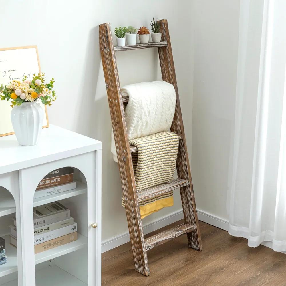 MyGift Decorative Ladder Shelf, 4.5 Foot Wall Leaning Wooden Towel Blanket Ladder Storage Rack for Bathroom or Living Room, Torched Brown Wood