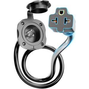 WELLUCK RV Shore Power Inlet Charger Plug 20 Amp 125V AC Power Inlet Port Plug with Integrated Dual 18" Extension Cord, RV Flanged Inlet with Waterproof Back Cover (20Amp AC Port Plug)