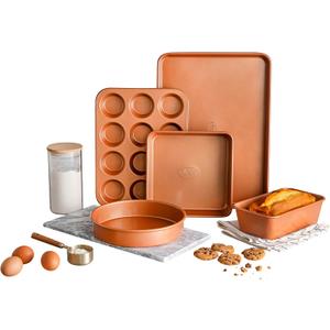 Gotham Steel Non Stick Ceramic Bakeware Set, 5 Piece No Warp & Dishwasher Safe Baking Set, Baking Pans Set with Round & Square Baking Pan, Muffin Pan, Loaf Pan & Baking Sheet for oven, 100% PFOA Free Gotham Steel Non Stick Ceramic Bakeware Set, 5 Piece No Warp & Dishwasher Safe Baking Set, Baking Pans Set with Round & Square Baking Pan, Muffin Pan, Loaf Pan & Baking Sheet for oven, 100% PFOA Free