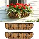 LaLaGreen 36 Inch, 2 Pack Window Boxes Planters Large Black Metal Window Boxes for Outdoor Plant, Wall Mount Flower Pot with Coco Liner, Attach to House Fence Balcony Herb for Patio Porch Garden