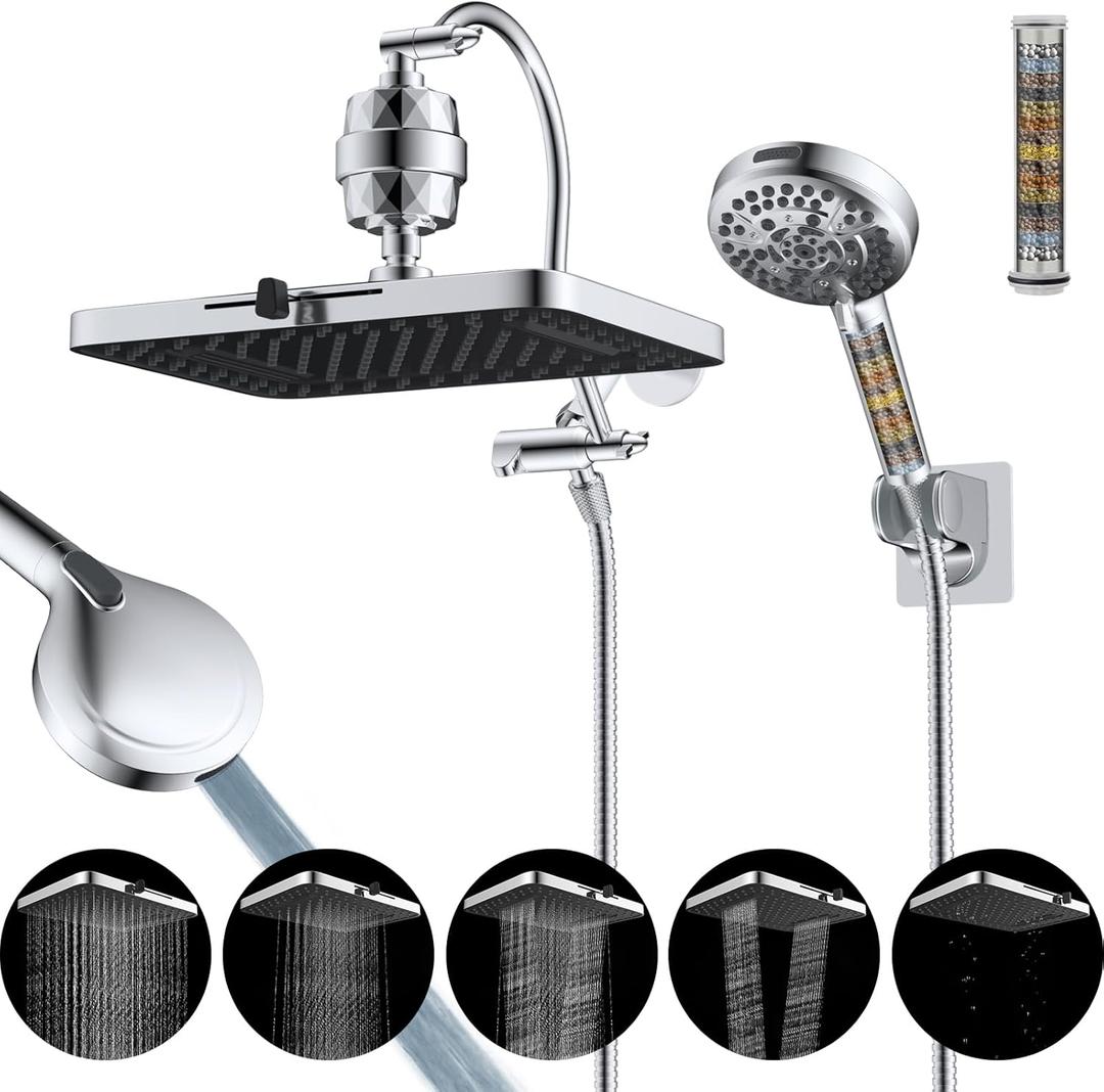 Hibbent Upgraded 5-spray 13'' Dual Filtered Rainfall Shower Head Combo, High Pressure 10-setting Handheld Shower Head with 12'' Adjustable Extension Arm, 20 Stage Shower Filter, 71'' Hose, Chrome