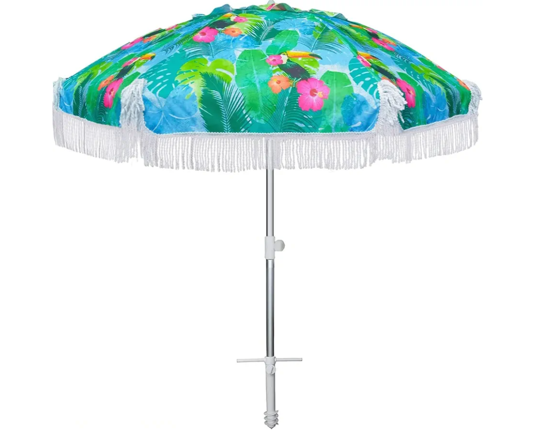 AMMSUN 6.5ft Heavy Duty HIGH Wind fringe Beach Umbrella with sand anchor Vent Tilt Portable Sun Shelter UPF 50+ Windproof Outdoor Sunshade Umbrellas Carry Bag for Patio Garden Pool Backyard Sports