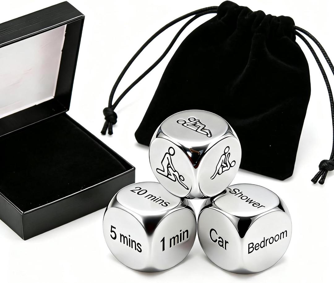 Stainless Steel Date Night Decision Dice for Couples 3-Piece Weighted Metal Game Set Includes Positions, Locations, & Times Romantic Anniversary & Valentine's Day Gift for Him & Her