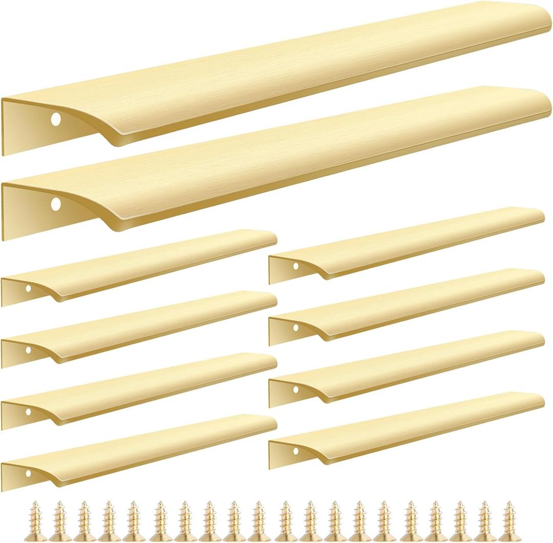 Malimali 10 Pack Gold Edge Finger Pulls for Wardrobe Cabinets 11.81" Kitchen Cabinet Pulls Handles Drawer Pulls Modern Aluminum Concealed Tab Pulls for Closet Door, Brushed Brass
