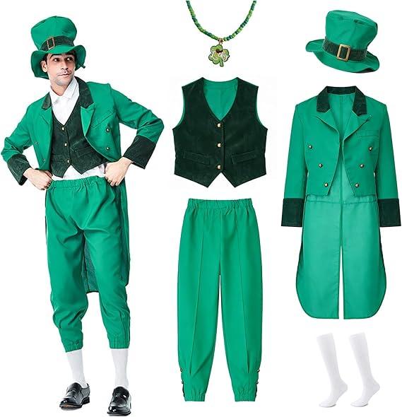 Kelpatol Men St Patricks Day Costume 6PCS Lepprechanu Costume for Adults Green Irish Outfit with Hat Necklace, Glasses, Socks (Medium)