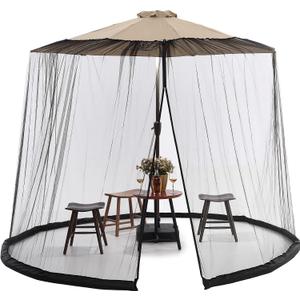 7.5-11 FT Patio Umbrella Mosquito Net, Polyester Mesh Umbrella Screen, Universal Canopy Umbrella Mosquito Netting with Zipper Door and Adjustable Rope, Fit Outdoor Umbrellas and Patio Tables