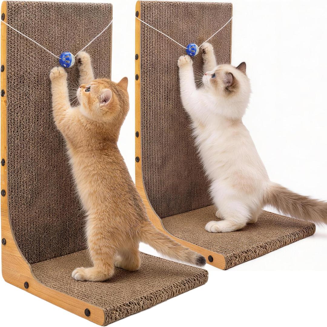 2 Pack Cat Scratcher, 23.6 Inch L Shape Vertical Cat Scratching Board with Ball Toy for Indoor Cats, Large Cat Scratching Post for Wall and Couch