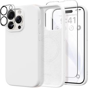 GONEZ Magnetic for iPhone 14 Pro Case, [Compatible with MagSafe] Anti-Scratch Microfiber Lining & Screen Protector, Shockproof Slim Phone Silicone Cover 6.1 inch, White