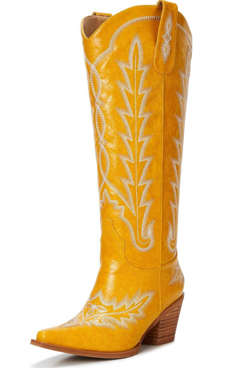 Cowboy Boots for Women – Western Knee High Cowgirl Boots, Snip Toe Pull-On Style, 3" Wood-Grain Block Heel, Classic Embroidered Pattern 11