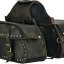 Dream Apparel Naked Cowhide Leather Motorcycle Saddle Bags Studded Throw Over Saddlebags, Motorcycle Side Bags for Honda Shadow Sportster Softail Dyna V-star (Distressed Brown)