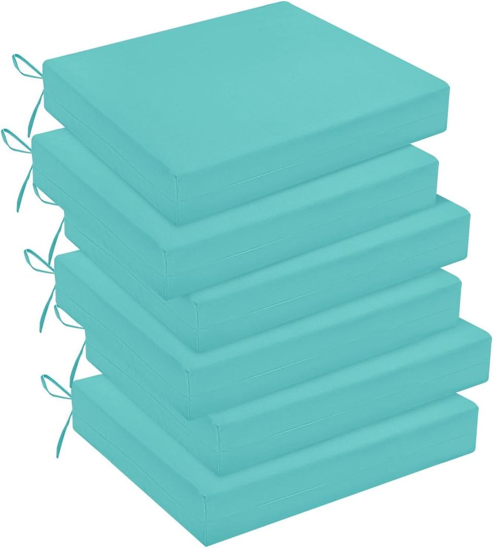 downluxe Outdoor Chair Cushions Set of 6 for Patio Furniture, Water-Resistant Square Corner Patio Chair Cushions with Ties, High Density Foam Outdoor Seat Cushion, 18.5" X 16" X 3", Teal