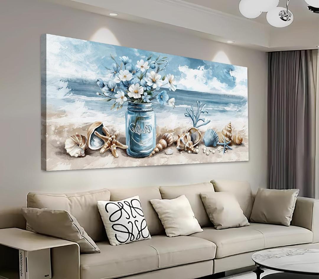 yearainn Coastal Canvas Wall Art - Rustic Jar Flowers Pictures Wall Decor Seashells Seaside Painting Artwork Ocean Landscape Prints for Living Room Bedroom Office Home Decor Ready to Hang 48" x 24"