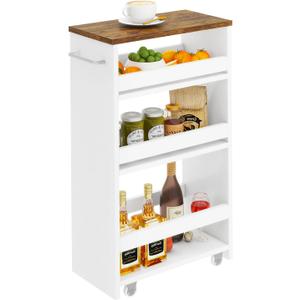 IBUYKE Slim Storage Cart, 4-Tier Skinny Rolling Cart, 7.9" Narrow Utility Trolley with Handle & Lockable Wheels,Thin Shelf for Kitchen, Laundry Room, Bathroom, Small Spaces,Space-Saving White WST005W