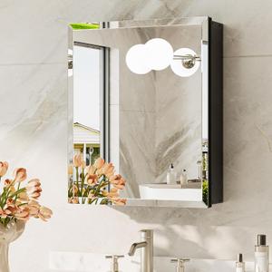 TokeShimi 16 x 20 Black Mirrored Medicine Cabinet, Tempered Beveled Mirror, Medicine Cabinet for Bathroom, Assembly Required, Stepless Adjustable Shelves, Recessed/Wall Mount