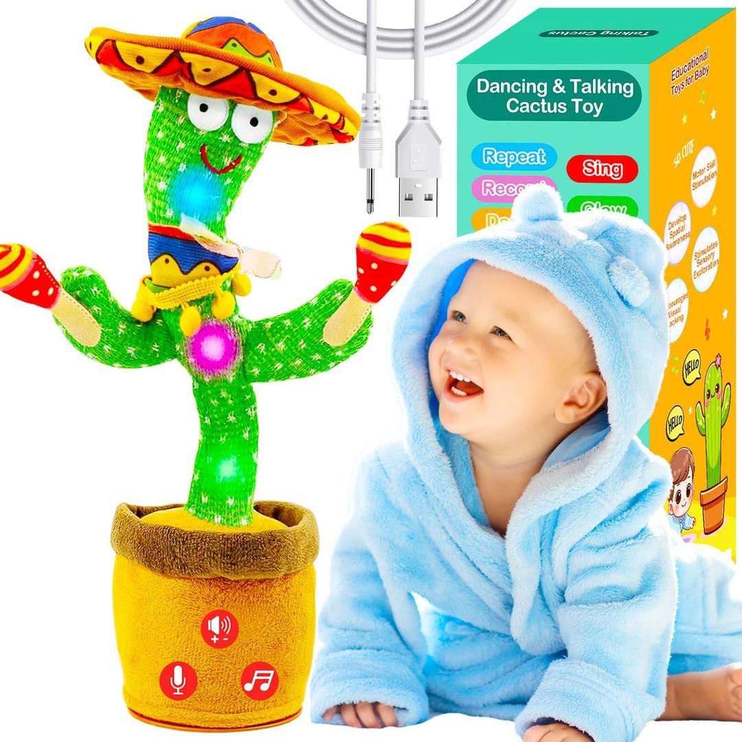 Rechargeable Dancing Talking Cactus Toy w/Volume Adjustable, Cactus Baby Toy Repeat What You Say, Baby Toys for Boys Girls, Singing Mimicking Cactus Toy, Birthday or Christmas Gifts for Grandkids