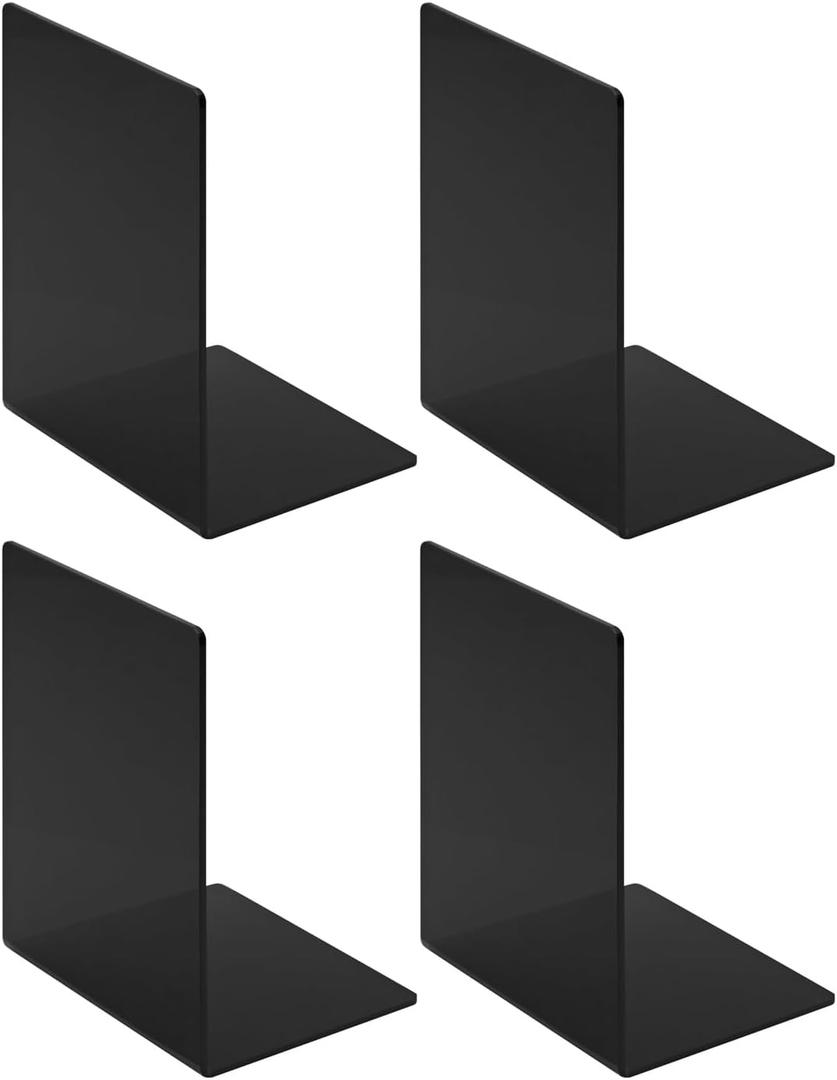 Black Acrylic Book Ends for Shelves/Desk, 2 Pairs Non-Skid Bookends, Heavy Duty Book Holders, Office Home Book Stopper for Book, Video Games, CDs