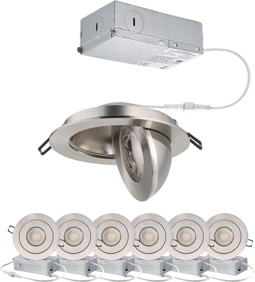 4-inch Gimbal LED Recessed - 4 in Lighting 6Pack Canless Brushed Nickel Trim 90 Tilt Swivel LED Eyeball Wafer Slope Ceiling Adjustable Spotlight Dimmable Brushed Nickel 4 inch 6 Pack (4 inch - 6 pack, Brushed Nickel)