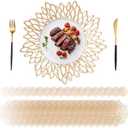 G-Lanthy 24 Pack Gold Placemats & Coasters, 15 inch Gold Vinyl Placemats, Round BulksTable Mats, Round Leaf Design Chargers Dining Table Settings for Christmas,Thanksgiving,Wedding Table Decoration, Coasters (Set of 8)