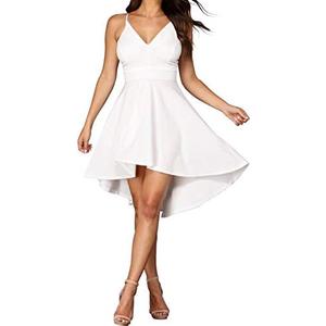FANCYINN Women High-Low Hem Dress Spaghetti Straps Deep V Neck Floral Backless A Line Skater Cocktail Dresses, Small