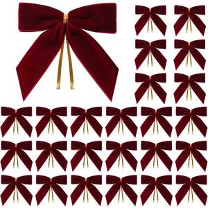 Utehilly 24 Pcs Burgundy Small Velvet Christmas Bows for Christmas Tree, Wreath, Gift Wrapping, Crafts, Wedding, Party, Twist Tie Bows for Treat Bag Bakery Candy Bags, Home Decor 1" W,3.5 x 3.5 inch