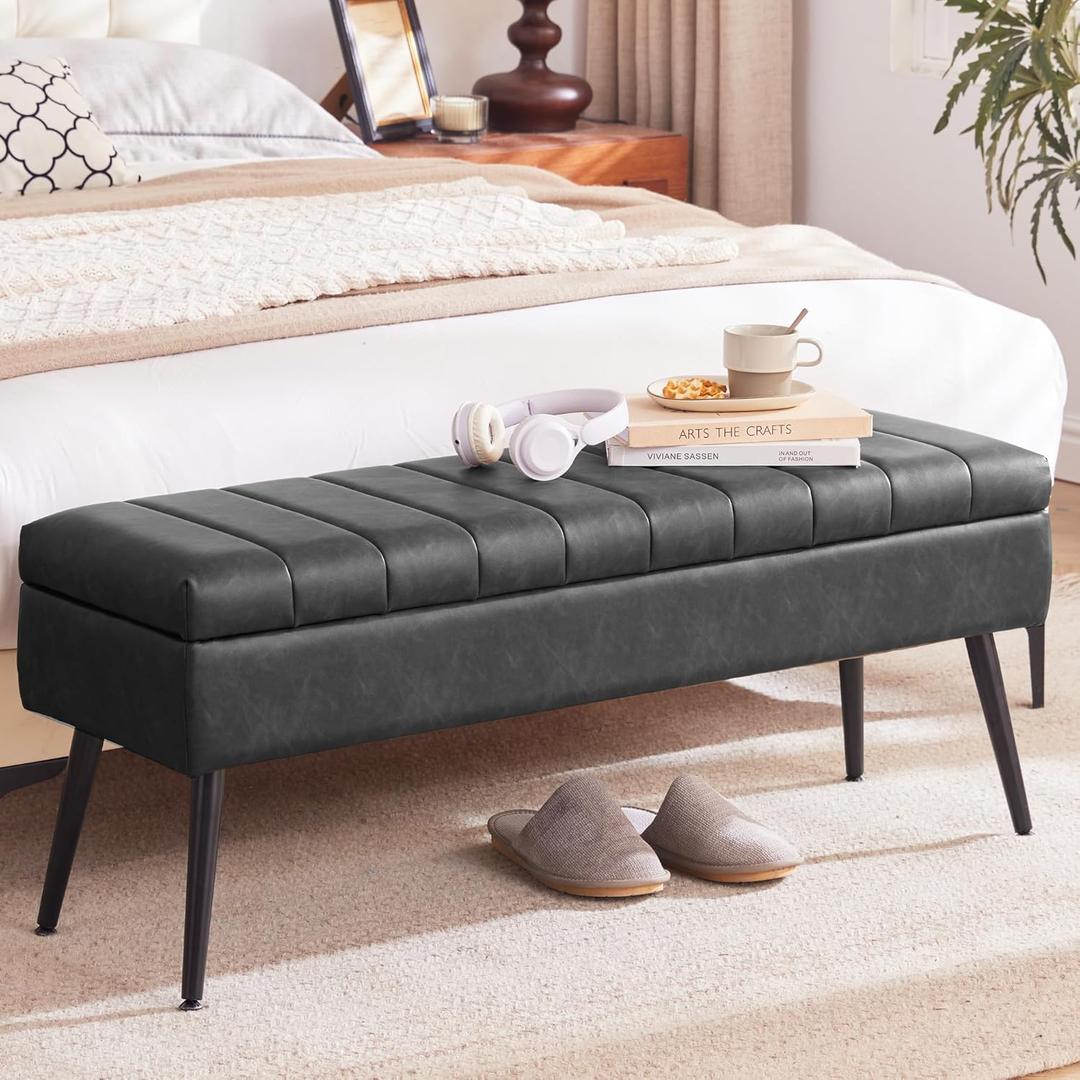 Storage Ottoman Bench, 43.5" Faux Leather Upholstered Entryway Bench, Long Ottoman with Storage for Living Room, Support 660lbs - Black