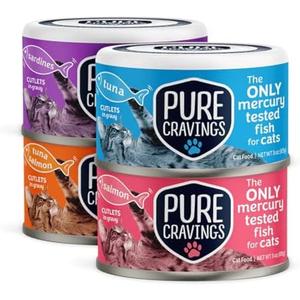 Pure Cravings Wet Cat Food Variety Pack Tuna, Salmon, Sardines, Tuna/Salmon in Gravy, 100% Mercury-Tested, Moist Can Fish for Cats, Grain-Free, Protein, Non-GMO, Pack of 12