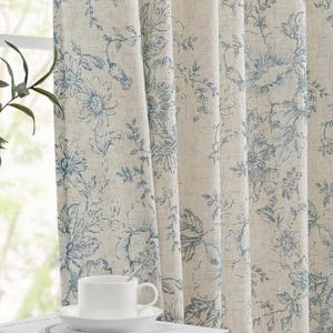 jinchan Linen Blend Curtains Floral Curtains for Living Room 84 Inch Length Blue Printed Curtain Rod Pocket Back Tab Farmhouse Peony Flower Patterned Drapes Bedroom Window Curtain Set 2 Panels