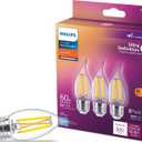 Philips LED 60W BA11 E26 Base 3-Pack Ultra Definition Soft White (2700K) 500 Lumen (5W=60W) Dimmable Clear Flicker Free Candelabra Light Bulbs