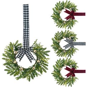 13.8 Inch Mini Wreath Set of 4, Interchangeable Red & White Buffalo Plaid Bows, Rustic Farmhouse Decor with Olive Leaves & White Berries for Staircase, Front Door, Porch