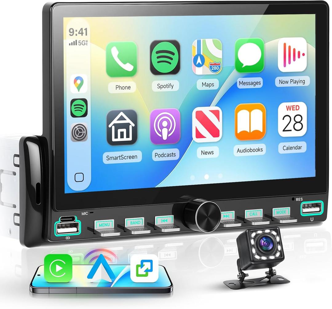 7 inch Single Din Car Stereo with Wireless/Wired CarPlay Android Auto Mirror Link, Car Radio with Bluetooth, Single Din Carplay Radio with Backup Camera Steering Wheel Control FM USB EQ