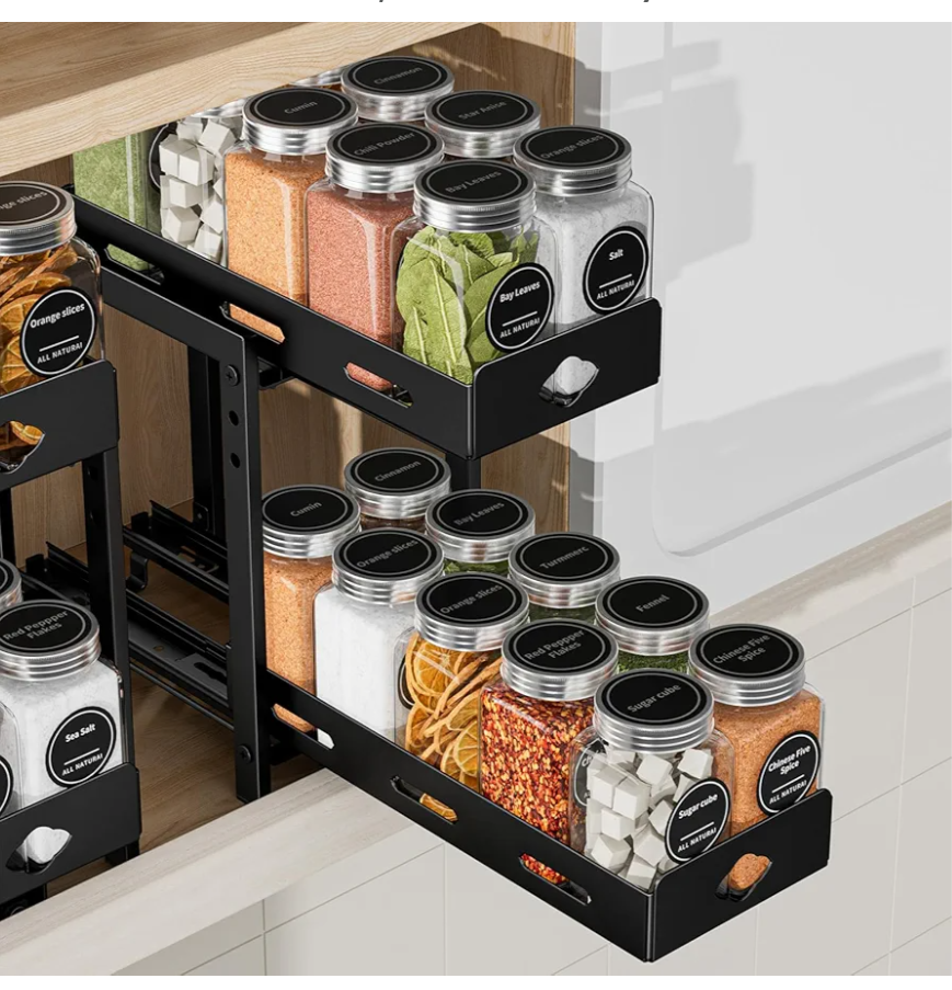 BOIVSHI Pull Out Spice Rack Organizer, 2Tier Vertical Spice Rack, Height Adjustable for Kitchen Cabinet (5.3''Wx10.8''Dx9.2''H, Metal Black)