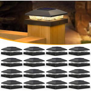 APONUO Solar Post Cap Lights for 4x4 Posts, Bright Warm White LED Post Cap Lights Solar Powered, IP64 Waterproof & All-Night Lighting, Black 16 Pack  Deck, Fence, Patio Light (Easy Install)